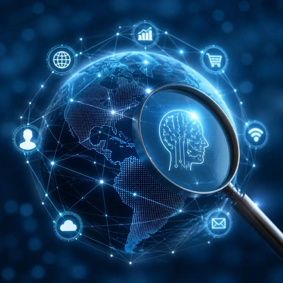 AI-powered search visibility concept with a connected digital globe