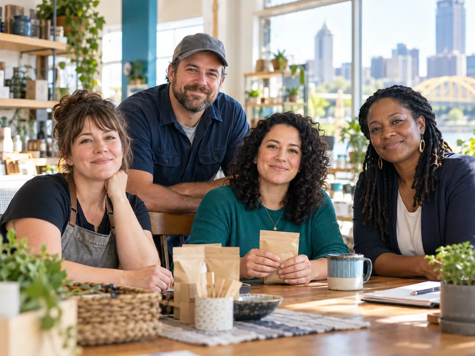 A small business team together in their shop