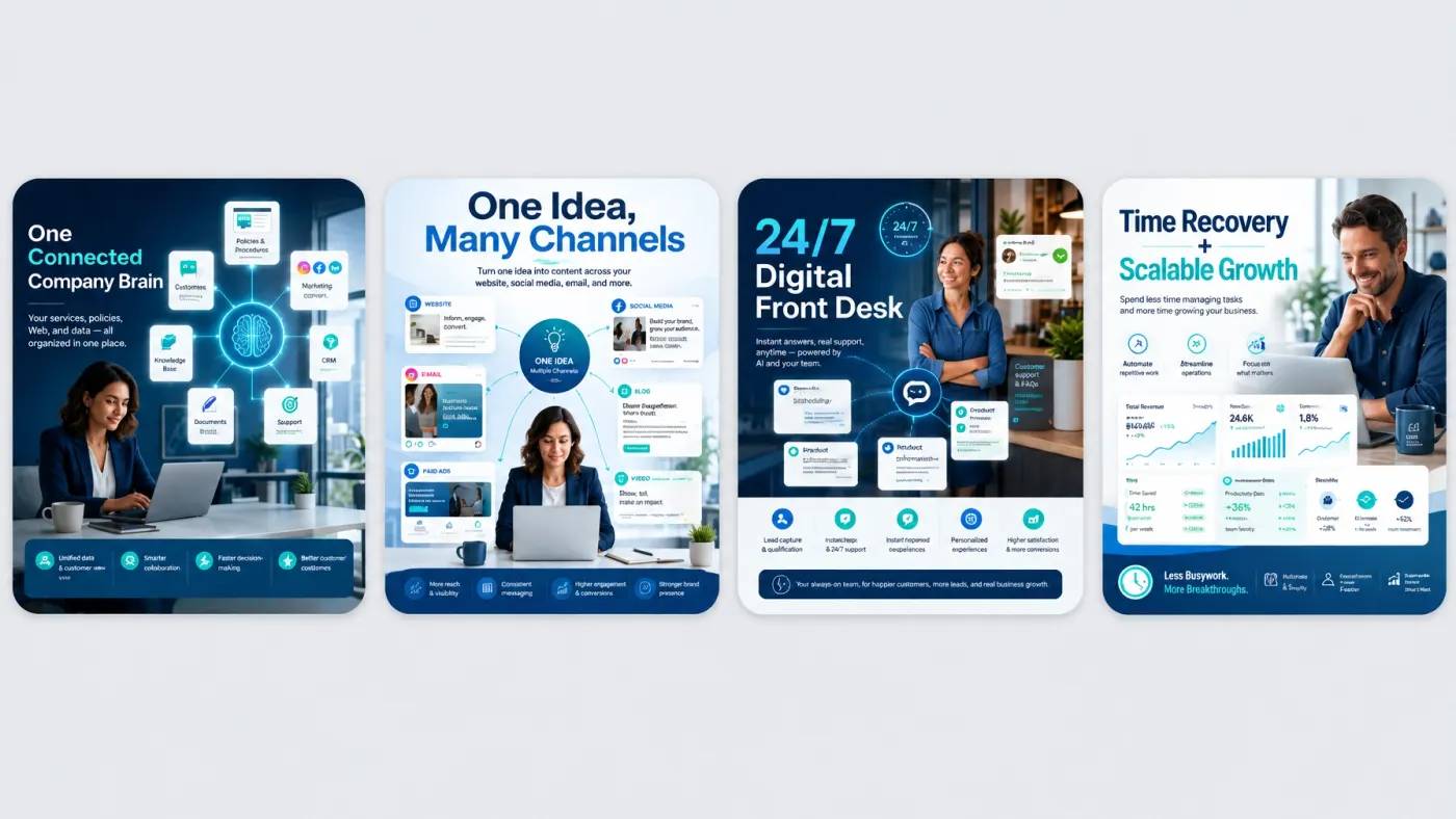 Four Web Demo marketing solution cards: connected company brain, multi-channel content, digital front desk, and scalable growth